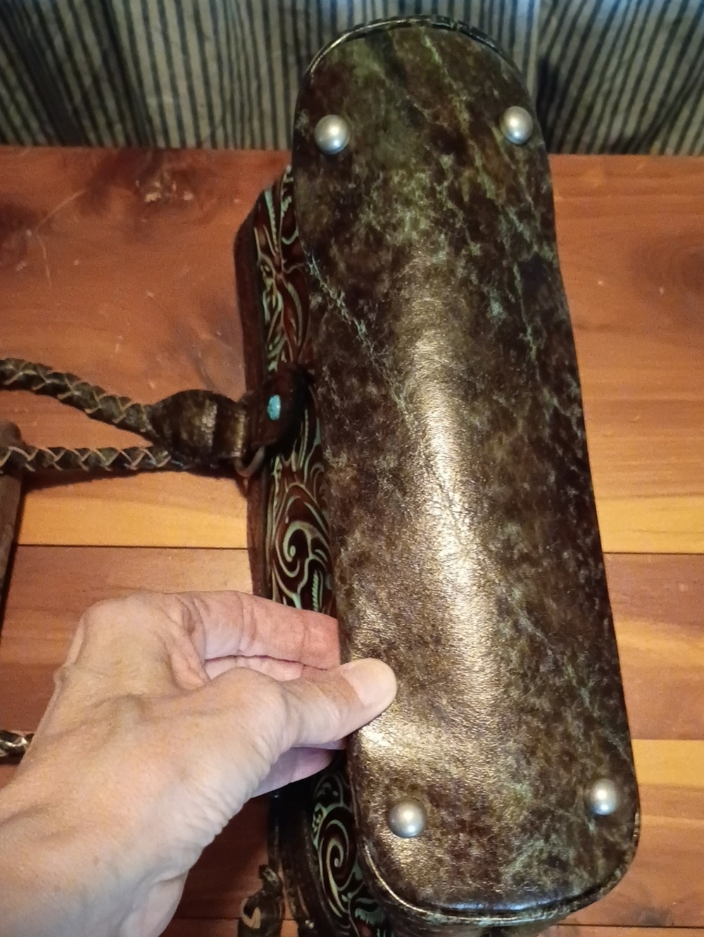 EUC Patricia Nash Turquoise & Brown Tooled Bag with Tassel & Matching wallet - Picture 2 of 12